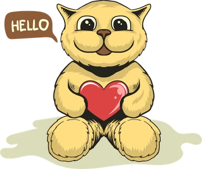 Hình vẽ hoạt hình chú mèo vàng ngồi, ôm trái tim đỏ, có bong bóng thoại ghi 'HELLO'