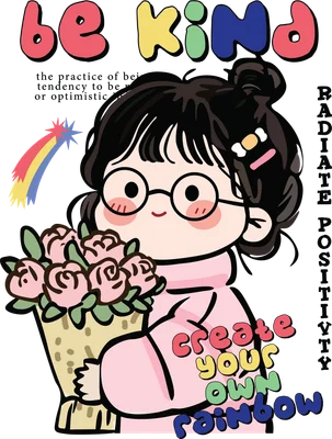 Hình vẽ cô gái chibi đeo kính, tóc búi cao, cầm bó hoa hồng, mặc áo hồng, có chữ 'be kind' và 'create your own rainbow'.