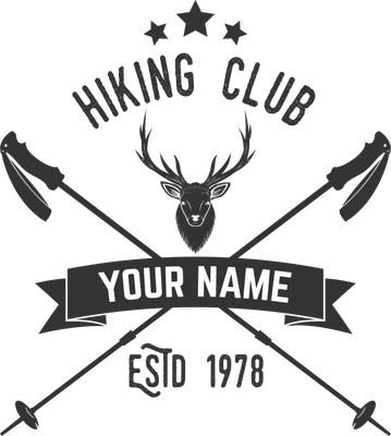 Logo CLB Leo Núi Cổ Điển với hình ảnh đầu hươu, gậy trekking và dòng chữ 'YOUR NAME ESTD 1978'