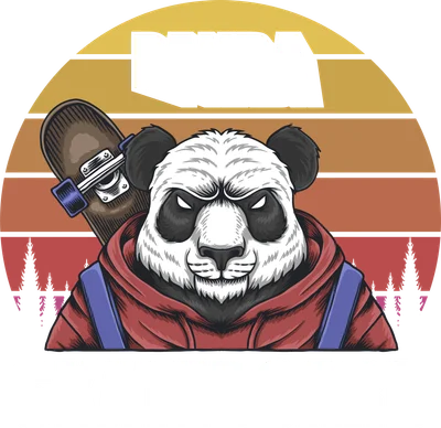 Hình ảnh gấu trúc đeo ván trượt, mặc áo hoodie, với chữ PANDA và SKATEBOARD, nền sọc màu hoàng hôn.