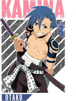 Simon từ anime Gurren Lagann với mái tóc xanh, hình xăm trên cánh tay, cầm kiếm.