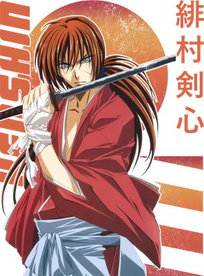 Hình ảnh anime Kiếm sĩ Rurouni Kenshin với mái tóc nâu dài, mặc áo đỏ, cầm kiếm.