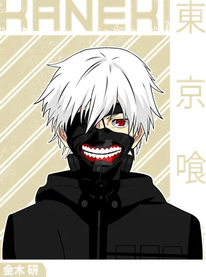 Hình vẽ Kaneki Ken từ anime Tokyo Ghoul đeo mặt nạ cười, tóc trắng, mắt đỏ.