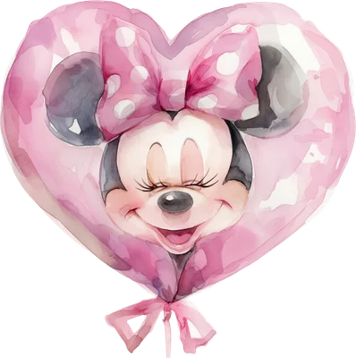 Hình ảnh Minnie Mouse dễ thương với nơ chấm bi hồng, nằm trong trái tim màu nước hồng, mắt nhắm cười hạnh phúc.