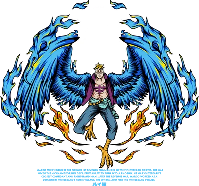 Marco Phượng Hoàng Lửa Xanh Biển từ One Piece với đôi cánh lửa xanh và biểu tượng hải tặc.