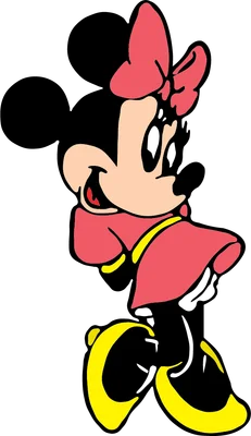 Hình ảnh Minnie Mouse hoạt hình cổ điển, mặc váy hồng, nơ hồng và giày vàng, đang mỉm cười vui vẻ trên nền xám.