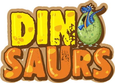 Hình ảnh minh họa chữ 'DINOSAURS' với khủng long con màu xanh đang chui ra khỏi quả trứng màu xanh lá cây.