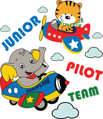 Hình vẽ hoạt hình voi và hổ lái máy bay, có mây và chữ 'JUNIOR PILOT TEAM'