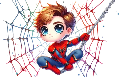 Hình ảnh Người Nhện phong cách chibi đáng yêu, mắt to tròn, đang đu trên mạng nhện nhiều màu sắc trên nền xám.