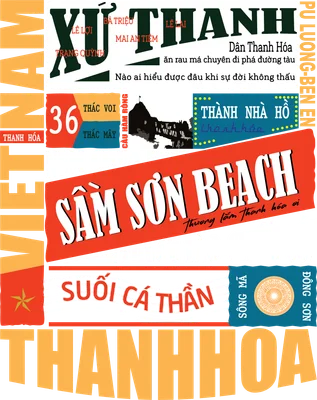 Hình ảnh thiết kế đồ họa typography phong cách retro với các địa danh, đặc sản và văn hóa Thanh Hóa, Việt Nam.