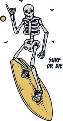 Hình minh họa bộ xương đang lướt sóng với dòng chữ Surf Or Die phong cách retro