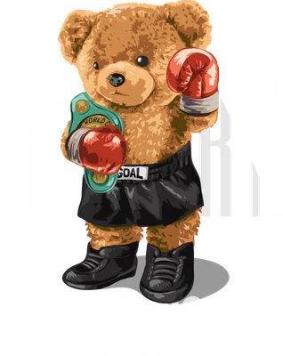 Hình vẽ gấu bông boxer màu nâu đeo găng đỏ, đai vô địch World Champion và quần đùi đen, đứng trên nền xám với chữ Born Champion.