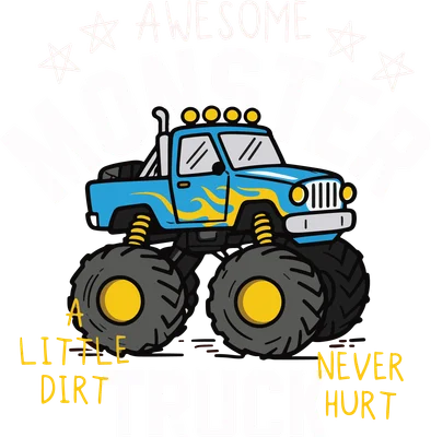 Hình vẽ xe tải quái vật màu xanh dương với họa tiết lửa vàng, chữ "Awesome Monster Truck"