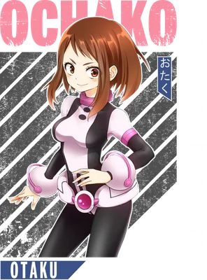 Hình ảnh Ochaco Uraraka, nhân vật anime dễ thương trong trang phục anh hùng, với mái tóc nâu và nụ cười tươi.