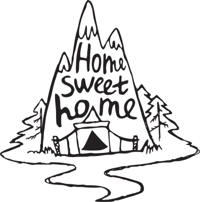 Hình vẽ tay phong cách doodle với dòng chữ "Home Sweet Home" lồng ghép vào hình ngọn núi, có nhà và cây cối.