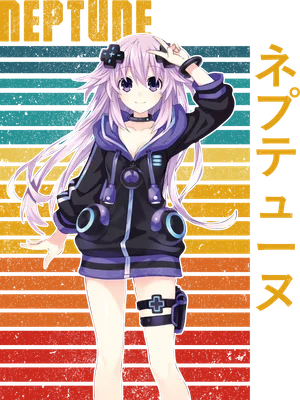 Hình ảnh anime cô gái tóc tím dài, mặc áo hoodie đen tím, đứng tạo dáng với nền sọc ngang retro.