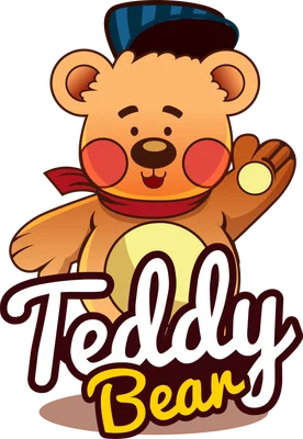 Hình vẽ gấu Teddy màu nâu cam, đội mũ xanh, đeo khăn đỏ, má hồng, đang vẫy tay chào