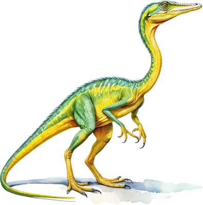 Hình minh họa khủng long Compsognathus màu vàng và xanh lá cây, đứng trên hai chân, cổ dài, đuôi dài, móng vuốt sắc nhọn.