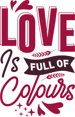 Hình ảnh chữ 'LOVE IS FULL OF COLOURS' với các họa tiết trái tim và ngôi sao, màu hồng tím nổi bật.