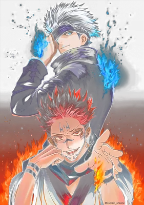 Hình ảnh minh họa hai nhân vật anime, một người có tóc trắng và băng đô, người còn lại có tóc đỏ và hình xăm trên mặt, bao quanh bởi lửa và năng lượng xanh.