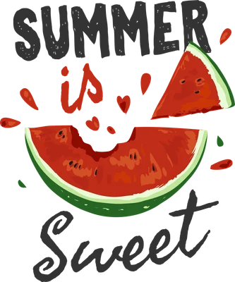 Hình ảnh dưa hấu cắt lát với dòng chữ 'Summer is Sweet' và các giọt nước màu đỏ.