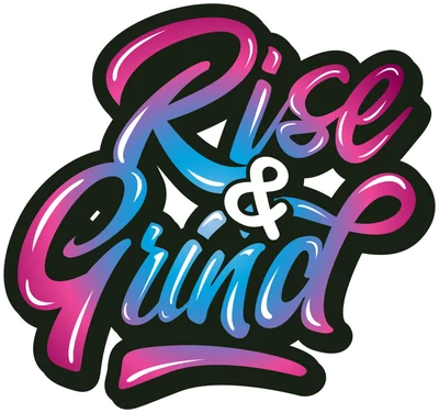 Hình in chuyển nhiệt chữ 'Rise & Grind' với hiệu ứng gradient màu hồng và xanh dương, phong cách graffiti.