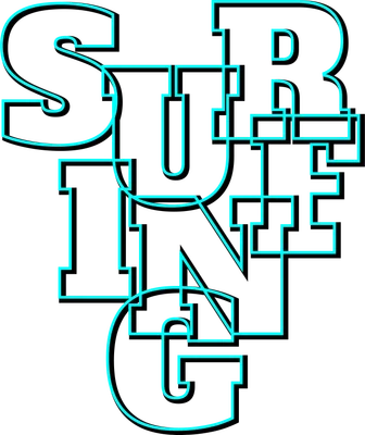Chữ "Surfing" được thiết kế cách điệu với đường viền neon xanh và đổ bóng đen trên nền xám.