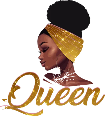 Hình ảnh minh họa nữ hoàng da màu đội khăn vàng lấp lánh, với chữ 'Queen' bên dưới.