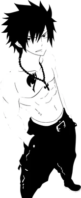 Hình vẽ anime chàng trai tóc đen, cơ bắp, không mặc áo, đeo vòng cổ có biểu tượng Fairy Tail, mặc quần đen.