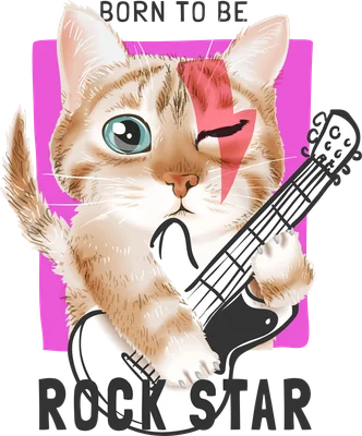 Hình ảnh mèo rocker đội sấm sét, chơi guitar, với chữ 'Born to be Rockstar'