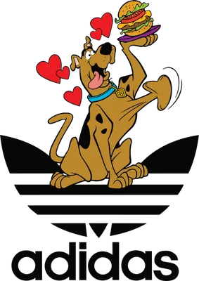 Hình ảnh hoạt hình Scooby-Doo đang ngồi, tay cầm một chiếc burger lớn, xung quanh có nhiều trái tim đỏ.