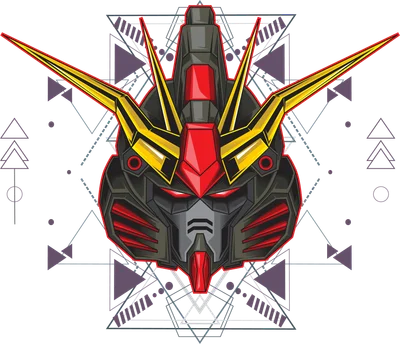 Hình ảnh mặt robot Gundam phong cách cyberpunk với tông màu đỏ đen và vàng nổi bật, có họa tiết hình học phía sau.