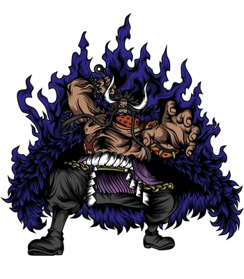 Hình ảnh Kaido "The Beast" từ One Piece với bộ râu rồng, áo choàng lông tím và biểu cảm mạnh mẽ.
