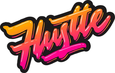 Chữ "Hustle" viết tay theo phong cách graffiti, màu gradient từ vàng cam sang hồng tím, viền đen.