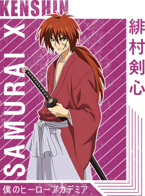 Hình ảnh Kenshin Himura, nhân vật anime Samurai X, với mái tóc đỏ, vết sẹo trên mặt, mặc kimono đỏ, cầm kiếm Katana.