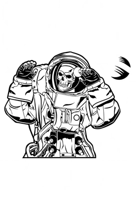 Hình minh họa phi hành gia xương khô đội mũ bảo hiểm, có hành tinh và ngôi sao, kèm chữ 'SPACE IT'S NOT THE END IT'S THE START'.