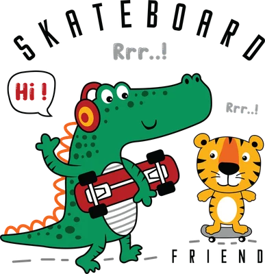 Hình ảnh hoạt hình cá sấu xanh đeo tai nghe và hổ vàng trượt ván, có chữ 'SKATEBOARD' và 'FRIEND'