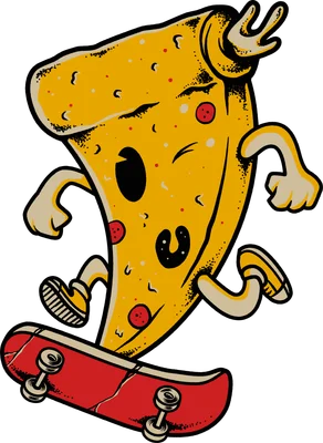 Hình ảnh hoạt hình một miếng pizza đang trượt ván, có tay chân và biểu cảm vui vẻ.