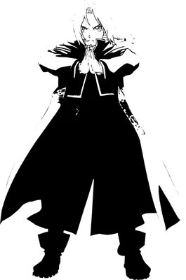 Hình vẽ nhân vật anime nam tóc vàng, mặc áo choàng đen dài, hai tay chắp trước ngực, phong cách silhouette.