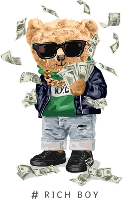 Gấu Teddy mặc áo hoodie, đeo kính râm và dây chuyền vàng, xung quanh là tiền bay, phong cách hip hop sang chảnh