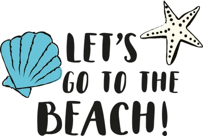 Hình ảnh vỏ sò màu xanh và sao biển trắng với dòng chữ 'LET'S GO TO THE BEACH!' trên nền xám.