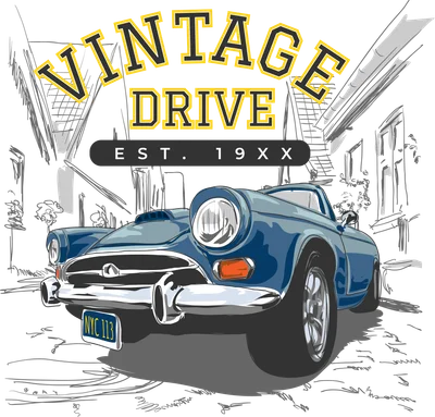 Hình minh họa xe hơi cổ điển phong cách retro với dòng chữ Vintage Drive