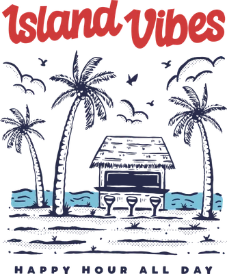 Hình minh họa phong cách vẽ tay với cây dừa, quầy bar bãi biển và dòng chữ Island Vibes