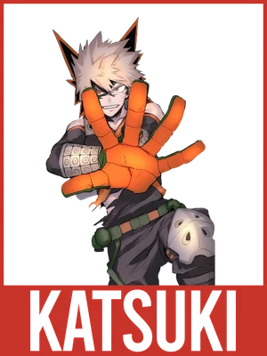 Nhân vật anime Katsuki Bakugo với mái tóc nhọn màu bạch kim, đeo găng tay cam, giơ tay ra phía trước.