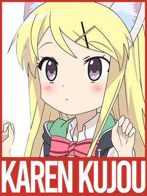 Hình ảnh cô gái anime tóc vàng với tai mèo, đeo nơ hồng, có chữ KAREN KUJOU bên dưới.