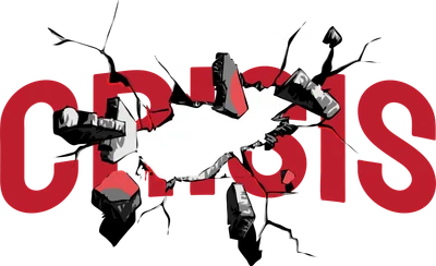 Hình ảnh chữ 'CRISIS' màu đỏ bị vỡ vụn, với dòng chữ 'RELAX & ENJOY' phía trên, trên nền xám.