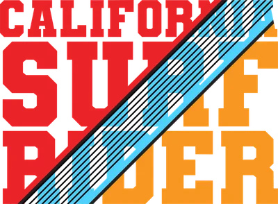 Chữ 'California Surf Rider' màu đỏ và cam trên nền xám, có dải kẻ sọc xanh dương và đen.