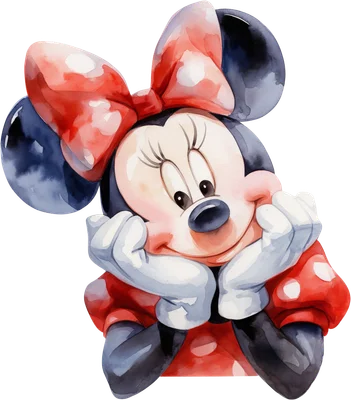 Hình ảnh Minnie Mouse hoạt hình đáng yêu với nơ đỏ và váy chấm bi, phong cách màu nước.