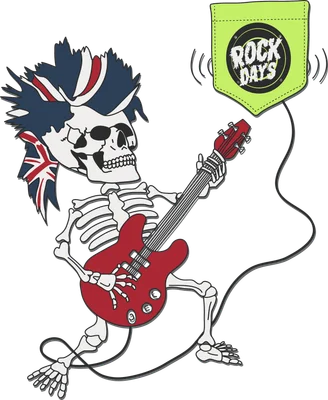 Hình minh họa bộ xương với kiểu tóc mohawk cờ Anh đang chơi đàn guitar điện phong cách punk rock