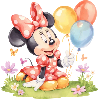 Hình vẽ Minnie Mouse hoạt hình dễ thương mặc váy chấm bi đỏ, ngồi trên bãi cỏ xanh cùng hoa và bướm, tay cầm chùm bóng bay nhiều màu sắc.